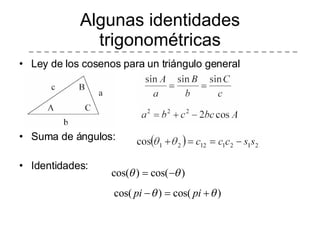 Algunas identidades trigonométricas Ley de los cosenos para un triángulo general Suma de ángulos: Identidades:  