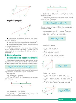 | →F1 | – | →F2 | ≤ | →Fres | ≤ | →F1 | + | →F 
2 | 
1,0N ≤ | →Fres| ≤ 7,0N 
FÍSICA 97 
Regra do polígono 
• Escolhemos um ponto O qualquer para come - 
çarmos o polígono; 
• A partir de O, colocamos o vetor que representa 
→ 
F1; 
• A partir da extremidade A desse vetor, colocamos 
o vetor que repre senta 
→ 
F2 ; 
• O vetor resultante (vetor soma) é o ve tor que 
fecha o polígono, isto é, sua origem é o ponto O e sua 
extre midade é a extre midade do último vetor re - 
presentado (C). 
3. Determinação 
do módulo do vetor resultante 
Sendo a adição de vetores feita pela regra do parale - 
lo gramo, o módulo do vetor resultante pode ser calcula - 
do pela aplicação da lei dos cossenos no triângulo OAC. 
Note que o módulo do vetor resultante depende do 
ângulo α entre os vetores que foram adicionados. 
Em particular: 
(1) Quando α = 0, temos: 
| →F 
res | = | →F 
1 | + | →F 
2 | e o vetor resultante tem mó - 
dulo máximo; 
(2) Quando α = 180°, temos: 
| →Fres | = | →F 
1 | – | →F 
2 | (supondo-se | →F 
1 |  | →F 
2 |) e o 
vetor resultante tem módulo mínimo; 
(3) Quando α = 90°, o cálculo de | →F 
res | recai no Teo - 
rema de Pitágoras. 
Do exposto, concluímos que, para qualquer valor de 
α com | →F1 |  | →F2 |, temos: 
Nota: a unidade de força no S.I. é chamada newton e 
simbolizada por N. 
Exemplificando, com | 
→ 
F1 | = 4,0N e | →F2 | = 3,0N: 
4,0N – 3,0N ≤ | →Fres | ≤ 4,0N + 3,0N 
Para α = 90°, temos: 
| →F 
res | 2 = | →F1 |2 + | →F 
2 |2 
| →F 
res | 2 = (4,0N)2 + (3,0N)2 
| →F 
res | 2 = 16,0N2 + 9,0N2 = 25,0N2 
Para α = 60°, temos: 
| →F 
res | 2 = | →F1 |2 + | →F2 |2 + 2 | →F 
1 | | →F 
2 | cos α 
1 
| →F 
res | 2 = (4,0N)2 + (3,0N)2 + 2 . 4,0N . 3,0N . — 
2 
| →F 
res | 2 = 16,0N2 + 9,0N2 + 12,0N2 = 37,0N2 
| 
→ 
Fres | = 37,0 N 
| 
→ 
Fres | 2 = | 
→ 
F1 | 2 + | 
→ 
F2 | 2 + 2 | 
→ 
F1 | 
→ 
F2 | cos α 
| →Fres | = 5,0N 
 