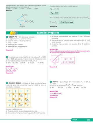 FÍSICA 99 
 (UELON–PR) – São grandezas vetoriais a 
a) energia cinética e a corrente elétrica. 
b) corrente elétrica e o campo elétrico. 
c) força e o calor. 
d) aceleração e o trabalho. 
e) aceleração e o campo elétrico. 
Resposta: E 
 Considere duas forças, 
→ 
F1 e 
→ 
F2, de intensidades F1 = 10,0N 
e F2 = 15,0N, aplicadas a um ponto ma te rial. Um pos sível valor 
da intensidade da força resultante entre 
→ 
F1 e 
→ 
F2 é 
a) zero b) 2,0N c) 4,0N d) 12,0N e) 30,0N 
RESOLUÇÃO: 
F2 – F1 ≤ R ≤ F2 + F1 
5,0N ≤ R ≤ 25,0N 
Resposta: D 
 (MODELO ENEM) – A tabela de dupla entrada da figura 
mostra a soma de vetores de mesmo módulo e com as 
orientações indi ca das. 
Assinale a opção correta: 
a) Todas as somas representadas estão corretas. 
b) Apenas a soma representada no quadro (6) está incorreta. 
2 = FA 
c) As somas representadas nos quadros (1), (5) e (9) estão 
incorretas. 
d) Apenas as somas representadas nos quadros (2), (3) e (4) 
estão corretas. 
e) As somas representadas nos quadros (2) e (8) estão in - 
corretas. 
RESOLUÇÃO: 
A soma dos vetores representada no quadro 6 está incorreta, pois, 
de acordo com a regra do paralelogramo, temos: 
Resposta: B 
 (FATEC) – Duas forças têm intensidades F1 = 10N e 
F2 = 15N. 
→ 
O módulo da resultante 
R = 
→F 
1 + 
→F 
2 não pode ser: 
a) 4N b) 10N c) 15N d) 20N e) 25N 
RESOLUÇÃO: 
F2 – F1 ≤ R ≤ F1 + F2 
5N ≤ R ≤ 25N 
Resposta: A 
Desprezando-se o atrito entre a caixa e a su per fície de apoio, a força 
aplicada pelo garoto C tem intensidade de 
a) 150N b) 160N c) 180N d) 190N e) 200N 
Resolução 
A resultante entre 
→F 
A e 
→F 
B tem módulo dado por 
FAB 
2 + FB 
2 
Para o equilíbrio, a força apli cada pelo garoto C de ve ser oposta a 
→F 
AB. 
→F 
C = – 
→ 
FAB 
Resposta: E 
 
→ 
FC  =  → 
FAB  = 200N 
FAB = 200N 
 