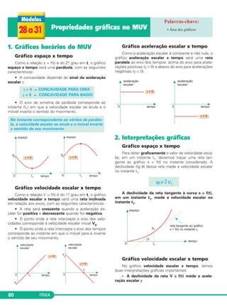 28 a 31 Propriedades gráficas no MUV • Área dos gráficos 
1. Gráficos horários do MUV 
Gráfico espaço x tempo 
Como a relação s = f(t) é do 2.o grau em t, o gráfico 
espaço x tempo será uma parábola, com as seguintes 
características: 
• A concavidade depende do sinal da aceleração 
escalar γ: 
γ  0 ⇔ CONCAVIDADE PARA CIMA 
γ  0 ⇔ CONCAVIDADE PARA BAIXO 
• O eixo de simetria da parábola corresponde ao 
instante (t1) em que a velo cidade escalar se anula e o 
móvel inverte o sentido do movimento. 
Gráfico velocidade escalar x tempo 
Como a relação V = f(t) é do 1.o grau em t, o gráfico 
velocidade escalar x tempo será uma reta inclinada 
em relação aos eixos, com as seguintes caracte rís ticas: 
• A reta será crescente quando a aceleração es - 
calar for positiva e decres cente quando for negativa. 
• O ponto onde a reta intercepta o eixo das velo - 
cidades corresponde à veloci dade escalar inicial V0. 
• O ponto onde a reta intercepta o eixo dos tempos 
corresponde ao instante em que o móvel para e inverte 
o sentido de seu movimento. 
80 FÍSICA 
Gráfico aceleração escalar x tempo 
Como a aceleração escalar é constante e não nula, o 
gráfico aceleração esca lar x tempo será uma reta 
para lela ao eixo dos tempos: acima do eixo para ace le - 
rações positivas (γ  0) e abaixo do eixo para acelerações 
negativas (γ  0). 
2. Interpretações gráficas 
Gráfico espaço x tempo 
Para obter graficamente o valor da velocidade esca - 
lar, em um instante t1, devemos traçar uma reta tan - 
gente ao gráfico s = f(t) no instante considerado. A 
declividade (tg θ) dessa reta mede a velocidade escalar 
no instante t1. 
A declividade da reta tangente à curva s = f(t), 
em um instante t1, mede a velo cidade escalar no 
instante t1. 
Gráfico velocidade escalar x tempo 
No gráfico velocidade escalar x tempo, temos 
duas interpretações gráficas importantes: 
• A declividade da reta V = f(t) mede a acele - 
ração escalar γ 
tg θ =N 
V1 
No instante correspondente ao vértice da pa rá bo - 
la, a velo ci dade escalar se anula e o móvel inverte 
o sen tido de seu movimento. 
 