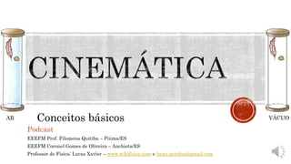 Conceitos básicos
Podcast
EEEFM Prof. Filomena Quitiba – Piúma/ES
EEEFM Coronel Gomes de Oliveira – Anchieta/ES
Professor de Física: Lucas Xavier – www.wikifisica.com e lucas.perobas@gmail.com
AR VÁCUO
 