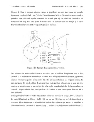 CINEMÁTICA DE LAS MÁQUINAS                               VELOCIDADES Y ACELERACIONES            104

Ejemplo 2. Para el segundo ejemplo vamos a considerar un caso que puede ser resuelto
únicamente empleando la ley de Coriolis. Esto se ilustra en la fig. 4.20a, donde tenemos una leva
girando a una velocidad angular constante de 20 rad por seg. en dirección contraria a las
manecillas del reloj. Una cara plana de la leva está en contacto con una rodaja, y se desea
determinar la aceleración de la rodaja en la posición indicada.




                      Figura 5.20. Ejemplo 2 de aceleración de Coriolis


Para obtener los puntos coincidentes es necesario para el análisis, imaginemos que la leva
(eslabón 2) se ha extendido hasta incluir el centro de la rodaja de la varilla (eslabón 3) por tanto
tenemos otra vez los puntos coincidentes B2 y B3 en los eslabones 2 y 3 respectivamente. La
traza del punto B3 en el eslabón 2 será una línea recta paralela a la cara de la leva; en otras
palabras, si consideramos el excéntrico fijo y la varilla girando alrededor de la cara plana, su
centro B3 proyectará una línea recta paralela a la cara de la leva, como queda ilustrado por la
línea punteada.
El triángulo de velocidad se podrá dibujar ahora como está indicado en la fig. 5.20b. La velocidad
del punto B2 es igual a OBω2/1 = 6x20 =120 plg por seg (304.8 cm por seg); la dirección de la
velocidad B3 se conoce que es verticalmente hacia arriba, mientras que VB3/B2 es paralela a la
cara del excéntrico. Las líneas 2, o sea VB3/B2 y 3, o sea VB3 se proporcionan en la escala de 137
 