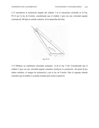 CINEMÁTICA DE LAS MÁQUINAS                              VELOCIDADES Y ACELERACIONES      112

5.12 encuéntrese la aceleración angular del eslabón 3 en el mecanismo mostrado en la Fig.
P5.12 por la ley de Coriolis, considerando que el eslabón 2 gira con una velocidad angular
constante de 100 rpm en sentido contrario de la manecillas del reloj.




                                        Fig. P5.12



5.13 Dibújese un cuadrilatero articulado semejante al de la Fig. 5.18a. Considerando que el
eslabón 2 gira con una velocidad angular constante, localícese la aceleración del punto Q por
ambos métodos; el imagen de aceleración y por la ley de Coriolis. Para el segundo método
considere que el eslabón 2 se puede extender para incluir el punto Q.
 
