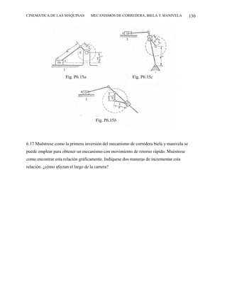 CINEMÁTICA DE LAS MÁQUINAS          MECANISMOS DE CORREDERA, BIELA Y MANIVELA             130




                      Fig. P6.15a                        Fig. P6.15c




                                       Fig. P6.15b




6.17 Muéstrese como la primera inversión del mecanismo de corredera biela y manivela se
puede emplear para obtener un mecanismo con movimiento de retorno rápido. Muéstrese
como encontrar esta relación gráficamente. Indíquese dos maneras de incrementar esta
relación. ¿cómo afectan el largo de la carrera?
 