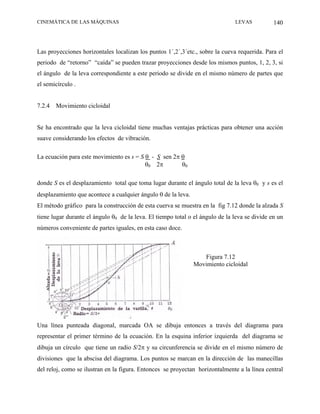 CINEMÁTICA DE LAS MÁQUINAS                                                     LEVAS           140



Las proyecciones horizontales localizan los puntos 1´,2´,3´etc., sobre la cueva requerida. Para el
periodo de “retorno” “caída” se pueden trazar proyecciones desde los mismos puntos, 1, 2, 3, si
el ángulo de la leva correspondiente a este periodo se divide en el mismo número de partes que
el semicírculo .


7.2.4   Movimiento cicloidal


Se ha encontrado que la leva cicloidal tiene muchas ventajas prácticas para obtener una acción
suave considerando los efectos de vibración.

La ecuación para este movimiento es s = S θ - S sen 2π θ
                                          θ0 2π        θ0

donde S es el desplazamiento total que toma lugar durante el ángulo total de la leva θ0 y s es el
desplazamiento que acontece a cualquier ángulo θ de la leva.
El método gráfico para la construcción de esta cuerva se muestra en la fig 7.12 donde la alzada S
tiene lugar durante el ángulo θ0 de la leva. El tiempo total o el ángulo de la leva se divide en un
números conveniente de partes iguales, en esta caso doce.



                                                                  Figura 7.12
                                                               Movimiento cicloidal




Una línea punteada diagonal, marcada OA se dibuja entonces a través del diagrama para
representar el primer término de la ecuación. En la esquina inferior izquierda del diagrama se
dibuja un círculo que tiene un radio S/2π y su circunferencia se divide en el mismo número de
divisiones que la abscisa del diagrama. Los puntos se marcan en la dirección de las manecillas
del reloj, como se ilustran en la figura. Entonces se proyectan horizontalmente a la línea central
 