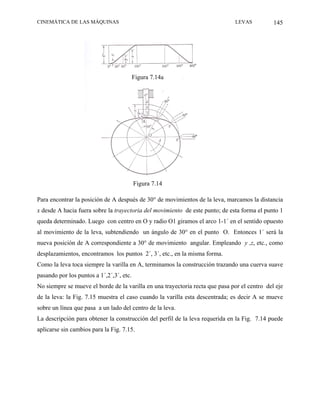 CINEMÁTICA DE LAS MÁQUINAS                                                    LEVAS           145




                                          Figura 7.14a




                                          Figura 7.14

Para encontrar la posición de A después de 30° de movimientos de la leva, marcamos la distancia
x desde A hacia fuera sobre la trayectoria del movimiento de este punto; de esta forma el punto 1
queda determinado. Luego con centro en O y radio O1 giramos el arco 1-1´ en el sentido opuesto
al movimiento de la leva, subtendiendo un ángulo de 30° en el punto O. Entonces 1´ será la
nueva posición de A correspondiente a 30° de movimiento angular. Empleando y ,z, etc., como
desplazamientos, encontramos los puntos 2´, 3´, etc., en la misma forma.
Como la leva toca siempre la varilla en A, terminamos la construcción trazando una cuerva suave
pasando por los puntos a 1´,2´,3´, etc.
No siempre se mueve el borde de la varilla en una trayectoria recta que pasa por el centro del eje
de la leva: la Fig. 7.15 muestra el caso cuando la varilla esta descentrada; es decir A se mueve
sobre un línea que pasa a un lado del centro de la leva.
La descripción para obtener la construcción del perfil de la leva requerida en la Fig. 7.14 puede
aplicarse sin cambios para la Fig. 7.15.
 