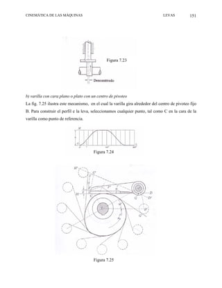 CINEMÁTICA DE LAS MÁQUINAS                                                      LEVAS           151




                                               Figura 7.23




b) varilla con cara plano o plato con un centro de pivoteo
La fig. 7.25 ilustra este mecanismo, en el cual la varilla gira alrededor del centro de pivoteo fijo
B. Para construir el perfil e la leva, seleccionamos cualquier punto, tal como C en la cara de la
varilla como punto de referencia.




                                       Figura 7.24




                                       Figura 7.25
 
