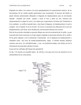 CINEMÁTICA DE LAS MÁQUINAS                                                      LEVAS           157

Eligiendo los radios y los centros e los arcos apropiadamente los requerimientos teóricos de los
movimientos de las varillas pueden aproximarse muy exactamente. El proceso del diseño se
puede efectuar primeramente dibujando el diagrama de desplazamiento para un movimiento
deseado    tomando una escala        grande y trazar la leva a partir de este. Entonces por
experimentación se eligen los arcos y los radios que se aproximen a la forma real. Finalmente la
leva resultante se rectifica trazando hacia otras hasta el diagrama de desplazamiento el cual se
compara con el original. Si en la revisión de la leva se encuentra una alteración de la curva de
desplazamiento a una forma poco satisfactoria, será necesaria efectuar otra revisión.
Para las levas de alta velocidad es necesario dibujar una curva de aceleración de la varilla, ya que
la presión del resorte necesario en el tipo negativo depende en gran parte del peso de la varilla y
de las partes adjuntas y de la aceleración. Comenzando con el diagrama de desplazamiento y
tratándolo como una curva de tiempo-desplazamiento, según el método anotado, podemos
construir una curva de velocidad-tiempo y una de aceleración-tiempo; esta última nos da la
información necesaria para calcular el resorte.
Levas de las válvulas del motor de automóvil
La fig. 7.32 muestra un ensamble típico de válvula y leva para una Leva de automóvil con la
nomenclatura de sus varias piezas.




              Figura 7.32
 