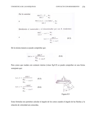 CINEMÁTICA DE LAS MÁQUINAS                                CONTACTO CON RODAMIENTO           170




                                                                         (8.3)




De la misma manera se puede comprobar que:



                                                              (8.4)



Para conos que ruedan con contacto interno (véase fig.8.9) se puede comprobar en una forma
semejante que:




                                  (8.5)



                                  (8.6)


                                                                 Figura 8.9



Estas formulas nos permiten calcular el ángulo de los conos cuando el ángulo de las flechas y la
relación de velocidad son conocidas.
 