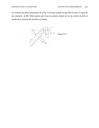 CINEMÁTICA DE LAS MÁQUINAS                                 CONTACTO CON RODAMIENTO            172

La construcción difiere únicamente de la Fig. 8.10 hasta el grado en que OD se traza a lo largo de
una extensión de BO. Debe notarse que el uso de contacto interno en vez de externo invierte el
sentido de la rotación del miembro accionado.




                                                           Figura 8.11
 