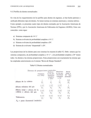 CINEMÁTICA DE LAS MÁQUINAS                                                    ENGRANES       203

9.12 Perfiles de dientes normalizados


En vista de los requerimientos de los perfiles para dientes de engranes, se han hecho patrones o
unificado diferentes tipos de dientes. Se tienen normas en sistemas americano y sistema métrico.
Como ejemplo, se presentan cuatro tipos de dientes normados por la Asociación Americana de
Normas (FPS) y por la Asociación Americana de Fabricantes de Engranes (AGMA). Estos son
conocidos como sigue:


   a) Sistemas compuesto de 14 ½°
   b) Sistema evolvente de profundidad completa a 14 ½°.
   c) Sistema evolvente de profundidad completa a 20°.
   d) Sistema de evolvente “despuntada” a 20°.


Las proporciones de los dientes para esos sistemas los muestra la tabla 9.2. Debe notarse que los
sistemas compuestos, de profundidad completa a 14 ½° y de profundidad completa a 20° tienen
todos los dientes a las mismas proporciones. Estas proporciones son exactamente las mismas que
las empleadas anteriormente en el sistema “Brown & Sharpe Standard”.

                           Tabla 9.2 Dientes normalizados
 