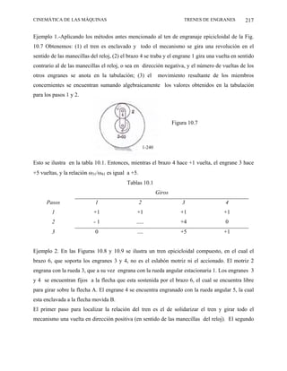 CINEMÁTICA DE LAS MÁQUINAS                                                  TRENES DE ENGRANES    217

Ejemplo 1.-Aplicando los métodos antes mencionado al ten de engranaje epicicloidal de la Fig.
10.7 Obtenemos: (1) el tren es enclavado y todo el mecanismo se gira una revolución en el
sentido de las manecillas del reloj, (2) el brazo 4 se traba y el engrane 1 gira una vuelta en sentido
contrario al de las manecillas el reloj, o sea en dirección negativa, y el número de vueltas de los
otros engranes se anota en la tabulación; (3) el               movimiento resultante de los miembros
concernientes se encuentran sumando algebraicamente los valores obtenidos en la tabulación
para los pasos 1 y 2.



                                                                       Figura 10.7



                                                       1-240


Esto se ilustra en la tabla 10.1. Entonces, mientras el brazo 4 hace +1 vuelta, el engrane 3 hace
+5 vueltas, y la relación ω31/ω41 es igual a +5.
                                           Tablas 10.1
                                                               Giros
      Pasos                 1                      2                       3              4
        1                  +1                   +1                        +1              +1
        2                  -1                  .....                      +4              0
        3                   0                   ....                      +5              +1


Ejemplo 2. En las Figuras 10.8 y 10.9 se ilustra un tren epicicloidal compuesto, en el cual el
brazo 6, que soporta los engranes 3 y 4, no es el eslabón motriz ni el accionado. El motriz 2
engrana con la rueda 3, que a su vez engrana con la rueda angular estacionaria 1. Los engranes 3
y 4 se encuentran fijos a la flecha que esta sostenida por el brazo 6, el cual se encuentra libre
para girar sobre la flecha A. El engrane 4 se encuentra engranado con la rueda angular 5, la cual
esta enclavada a la flecha movida B.
El primer paso para localizar la relación del tren es el de solidarizar el tren y girar todo el
mecanismo una vuelta en dirección positiva (en sentido de las manecillas del reloj). El segundo
 
