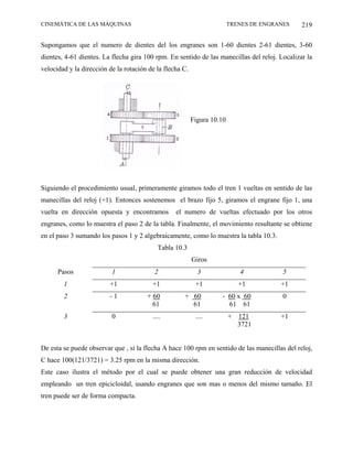 CINEMÁTICA DE LAS MÁQUINAS                                               TRENES DE ENGRANES    219

Supongamos que el numero de dientes del los engranes son 1-60 dientes 2-61 dientes, 3-60
dientes, 4-61 dientes. La flecha gira 100 rpm. En sentido de las manecillas del reloj. Localizar la
velocidad y la dirección de la rotación de la flecha C.




                                                          Figura 10.10




Siguiendo el procedimiento usual, primeramente giramos todo el tren 1 vueltas en sentido de las
manecillas del reloj (+1). Entonces sostenemos el brazo fijo 5, giramos el engrane fijo 1, una
vuelta en dirección opuesta y encontramos         el numero de vueltas efectuado por los otros
engranes, como lo muestra el paso 2 de la tabla. Finalmente, el movimiento resultante se obtiene
en el paso 3 sumando los pasos 1 y 2 algebraicamente, como lo muestra la tabla 10.3.
                                           Tabla 10.3
                                                          Giros
      Pasos               1               2                 3                4           5
        1                +1              +1                +1                +1         +1
        2                -1            + 60          + 60           - 60 x 60            0
                                         61            61             61 61
        3                 0              ....              ....          +   121        +1
                                                                             3721


De esta se puede observar que , si la flecha A hace 100 rpm en sentido de las manecillas del reloj,
C hace 100(121/3721) = 3.25 rpm en la misma dirección.
Este caso ilustra el método por el cual se puede obtener una gran reducción de velocidad
empleando un tren epicicloidal, usando engranes que son mas o menos del mismo tamaño. El
tren puede ser de forma compacta.
 