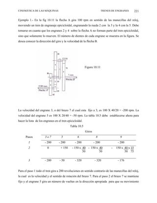 CINEMÁTICA DE LAS MÁQUINAS                                                TRENES DE ENGRANES        221

Ejemplo 1.- En la fig 10.11 la flecha A gira 100 rpm en sentido de las manecillas del reloj,
moviendo un tren de engranaje epicicloidal, engranando la rueda 2 con la 3 y la 4 con la 5. Debe
tomarse en cuanta que los engranes 2 y 4 sobre la flecha A no forman parte del tren epicicloidal,
sino que solamente lo mueven. El número de dientes de cada engrane se muestra en la figura. Se
desea conocer la dirección del giro y la velocidad de la flecha B.




                                                          Figura 10.11




La velocidad del engrane 3, o del brazo 7 el cual esta fijo a 3, es 100 X 40/20 = -200 rpm. La
velocidad del engrane 5 es 100 X 20/40 = -50 rpm. La tabla 10.5 debe establecerse ahora para
hacer la lista de los engranes en el tren epicicloidal.
                                            Tabla 10.5
                                                          Giros
      Pasos           3o7           5             6                8                   9
        1             - 200       - 200         - 200             - 200              - 200
        2               0           + 150     - 150 x 40 - 150 x 40             -   150 x 40 x 15
                                                      50         50                       50 75

        3             - 200        - 50         - 320             - 320              - 176


Para el paso 1 todo el tren gira a 200 revoluciones en sentido contrario de las manecillas del reloj,
la cual es la velocidad y el sentido de rotación del brazo 7. Para el paso 2 el brazo 7 se mantiene
fijo y el engrane 5 gira un número de vueltas en la dirección apropiada para que su movimiento
 