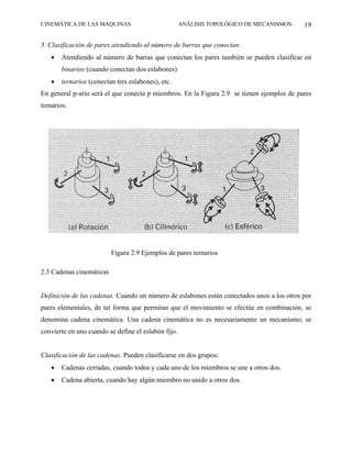 CINEMÁTICA DE LAS MÁQUINAS                           ANÁLISIS TOPOLÓGICO DE MECANISMOS     19

5. Clasificación de pares atendiendo al número de barras que conectan.
   •   Atendiendo al número de barras que conectan los pares también se pueden clasificar en
       binarios (cuando conectan dos eslabones)
   •   ternarios (conectan tres eslabones), etc.
En general p-ario será el que conecta p miembros. En la Figura 2.9 se tienen ejemplos de pares
ternarios.




                          Figura 2.9 Ejemplos de pares ternarios

2.3 Cadenas cinemáticas


Definición de las cadenas. Cuando un número de eslabones están conectados unos a los otros por
pares elementales, de tal forma que permitan que el movimiento se efectúe en combinación, se
denomina cadena cinemática. Una cadena cinemática no es necesariamente un mecanismo; se
convierte en uno cuando se define el eslabón fijo.


Clasificación de las cadenas. Pueden clasificarse en dos grupos:
   •   Cadenas cerradas, cuando todos y cada uno de los miembros se une a otros dos.
   •   Cadena abierta, cuando hay algún miembro no unido a otros dos.
 