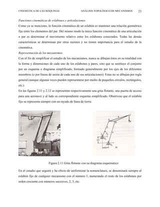 CINEMÁTICA DE LAS MÁQUINAS                          ANÁLISIS TOPOLÓGICO DE MECANISMOS          23

Funciones cinemáticas de eslabones y articulaciones.
Como ya se menciono, la función cinemática de un eslabón es mantener una relación geométrica
fija entre los elementos del par. Del mismo modo la única función cinemática de una articulación
o par es determinar el movimiento relativo entre los eslabones conectados. Todas las demás
características se determinan por otras razones y no tienen importancia para el estudio de la
cinemática.
Representación de los mecanismos.
Con el fin de simplificar el estudio de los mecanismos, nunca se dibujan éstos en su totalidad con
la forma y dimensiones de cada uno de los eslabones y pares, sino que se sustituye el conjunto
por un esquema o diagrama simplificado, formado generalmente por los ejes de los diferentes
miembros (o por líneas de unión de cada uno de sus articulaciones). Estas no se dibujan por regla
general (aunque algunas veces pueden representarse por medio de pequeños círculos, rectángulos,
etc.).
En las figuras 2.11 y 2.12 se representan respectivamente una grúa flotante, una puerta de acceso
para una aeronave y al lado su correspondiente esquema simplificado. Obsérvese que el eslabón
fijo se representa siempre con un rayado de línea de tierra.




                        Figura 2.11 Grúa flotante con su diagrama esquemático

En el estudio que seguirá y ha efecto de uniformizar la nomenclatura, se denominará siempre al
eslabón fijo de cualquier mecanismo con el número 1, numerando el resto de los eslabones por
orden creciente con números sucesivos, 2, 3, etc.
 