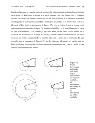 CINEMÁTICA DE LAS MÁQUINAS                    MECANISMOS DE ESLABONES ARTICULADOS              38

Cuando se hace esto se crean las cuatro inversiones del eslabonamiento de cuatro barras ilustrado
en la figura 3.3. Las cuatro se ajustan a la ley de Grashof y en cada una de ellas el eslabón s
describe una revolución completa en relación con los otros eslabones. Las diferentes inversiones
se distinguen por la ubicación del eslabón s en relación con el fijo. Si el eslabón más corto s es
adyacente al fijo, como se consigna en la figura- 3.3a y b, se obtiene lo que se conoce como
eslabonamiento de manivela-oscilador. Por supuesto, el eslabón s es la manivela ya que es capaz
de girar continuamente, y el eslabón p, que sólo puede oscilar entre ciertos límites, es el
oscilador. El mecanismo de eslabón de arrastre, llamado también eslabonamiento de doble
manivela, se obtiene seleccionando al eslabón más corto s como el de referencia. En esta
inversión, que se muestra en la figura 3.3c, los dos eslabones adyacentes a s pueden girar en
forma continua y ambos se describen adecuadamente como manivelas y, por lo común, el más
corto de los dos se usa como entrada.




                                                                               Figura 3.3
                                                                               Cuatro
                                                                               inversiones
                                                                               del cuadro
                                                                               articulado,
                                                                               a) y b)
                                                                               mecanismos
                                                                               de manivela-
                                                                               oscilador.
                                                                               c)
                                                                               mecanismo
                                                                               de eslabón de
                                                                               arrastre.
                                                                               d)
                                                                               mecanismo
                                                                               de doble
                                                                               oscilador
 
