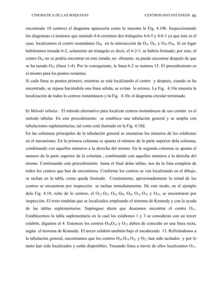 CINEMÁTICA DE LAS MÁQUINAS                                        CENTROS INSTANTÁNEOS 66


encontrado 10 centros) el diagrama aparecería como lo muestra la Fig. 4.10b. Inspeccionando
los diagramas c) notamos que uniendo 4-6 cerramos dos triángulos 4-6-5 y 4-6-1 ya que éste es el
caso, localizamos el centro instantáneo O46 en la intersección de O41 O61 y O45 O56. Si en lugar
hubiéramos trazado 6-2, solamente un triangulo es decir, el 6-2-1, se habría formado; por esto, el
centro O62 no se podría encontrar en este estado; no obstante, su puede encontrar después de que
se ha tazado O25 (línea 1-4). Por lo consiguiente, la línea 6-2 se numera 15. El procedimiento es
el mismo para los puntos restantes.
Si cada línea se puntea primero, mientras se está localizando el centro y después, cuando se ha
encontrado, se repasa haciéndola una línea sólida, se evitan lo errores. La Fig. 4.10a muestra la
localización de todos lo centros instantáneos y la Fig. 4.10c el diagrama circular terminado.


b) Método tabular. El método alternativo para localizar centros instantáneos de uso común es el
método tabular. En este procedimiento se establece una tabulación general y se amplia con
tabulaciones suplementarias, tal como está ilustrado en la Fig. 4.10d.
En las columnas principales de la tabulación general se enumeran los números de los eslabones
en el mecanismo. En la primera columna se apunta el número de la parte superior dela columna,
combinando con aquellos números a la derecha del mismo. En la segunda columna se apunta el
numero de la parte superior de la columna , combinando con aquellos números a la derecha del
mismo. Continuando este procedimiento hasta el final delas tablas, nos da la lista completa de
todos los centros que han de encontrarse. Conforme los centros se van localizando en el dibujo,
se tachan en la tabla, como queda ilustrado. Comúnmente, aproximadamente la mitad de los
centros se encuentran por inspección se tachan inmediatamente. De este modo, en el ejemplo
dela Fig. 4.10, ocho de lo centros, el O12 O23 O34 O45 O56 O14 O16 y O35, se encontraron por
inspección. El resto tendrían que se localizados empleando el teorema de Kennedy y con la ayuda
de las tablas suplementarias. Supóngase ahora que deseamos encontrar el centro O31.
Establecemos la tabla suplementaria en la cual los eslabones 1 y 3 se consideran con un tercer
eslabón, digamos el 4. Entonces los centros O34O14 y O13 deben de coincidir en una línea recta,
según el teorema de Kennedy. El tercer eslabón también bajo el encabezado 13. Refiriéndonos a
la tabulación general, encontramos que los centros O34 O14 O21 y O23 han sido tachados y por lo
tanto han sido localizados y están disponibles. Trazando línea a través de ellos localizamos O31.
 