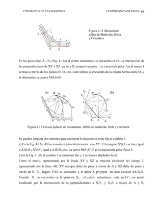 CINEMÁTICA DE LAS MÁQUINAS                                        CENTROS INSTANTÁNEOS 68




                                                       Figura 4.11 Mecanismo
                                                       doble de Manivela, Biela
                                                       y Corredera




En las posiciones A1, B1 (Fig. 4.12a) el centro instantáneo se encuentra en O1, la intersección de
las perpendiculares de XY y XZ en A1 y B1 respectivamente. La trayectoria polar fija al marco 1
se traza a través de los puntos O1 O2, etc.; este ultimo se encuentra de la misma forma como O1 y
si obtenemos la cuerva MO1O2N.



                    (a)                                                 (b)




      Figura 4.12 Curvas polares de mecanismo doble de manivela, biela y corredera


Se pueden emplear dos métodos para encontrar la trayectoria polar fija al eslabón 3.
a) En la Fig. 4.12a, AB se considera coincidentemente con XY. El triangulo XYO´1 se hace igual
a A1B1O1; XYO´2 igual a A2B2O2, etc. La curva MO’1O’2P es la trayectoria polar fija a 3.
b)En la Fig. 4.12b el eslabón 3 se mantiene fijo y 1 se mueve alrededor de él.
Como el marco, representado por la líneas XY y XZ se muestra alrededor del cuerpo 3,
representado por la línea AB, XY siempre debe de pasar a través de A y XZ debe de pasar a
través de B. EL ángulo YXZ es constante, y el ápice X proyecta un arco circular AX2X1B.
Cuando X se encuentra en la posición X1, el centro instantáneo esta en O’1, un punto
localizado por la intersección de la perpendiculares a X1Y1 y X1Z1 a través de A y B,
 