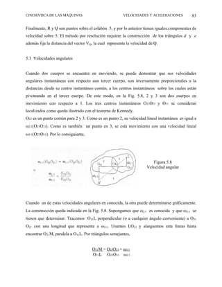 CINEMÁTICA DE LAS MÁQUINAS                              VELOCIDADES Y ACELERACIONES          83

Finalmente, R y Q son puntos sobre el eslabón 5, y por lo anterior tienen iguales componentes de
velocidad sobre 5. El método por resolución requiere la construcción de los triángulos d y e
además fija la distancia del vector VQ, la cual representa la velocidad de Q.


5.3 Velocidades angulares


Cuando dos cuerpos se encuentra en moviendo, se puede demostrar que sus velocidades
angulares instantáneas con respecto aun tercer cuerpo, son inversamente proporcionales a la
distancias desde su centro instantáneo común, a los centros instantáneos sobre los cuales están
pivoteando en el tercer cuerpo. De este modo, en la Fig. 5.8, 2 y 3 son dos cuerpos en
movimiento con respecto a 1. Los tres centros instantáneos O21O23 y O31 se consideran
localizados como queda ilustrado con el teorema de Kennedy.
O23 es un punto común para 2 y 3. Como es un punto 2, su velocidad lineal instantánea es igual a
ω2/1(O23O21). Como es también un punto en 3, se está movimiento con una velocidad lineal
ω3/1(O23O31). Por lo consiguiente,




                                                                         Figura 5.8
                                                                      Velocidad angular




Cuando un de estas velocidades angulares en conocida, la otra puede determinarse gráficamente.
La construcción queda indicada en la Fig. 5.8. Supongamos que ω2/1 es conocida y que ω3/1 se
tienen que determinar. Tracemos O31L perpendicular (o a cualquier ángulo conveniente) a O31
O21 con una longitud que represente a ω2/1. Unamos LO23 y alarguemos esta líneas hasta
encontrar O21M, paralela a O31L. Por triángulos semejantes,


                                      O21M = O23O21 = ω3/1
                                      O31L O23O31 ω2/1
 