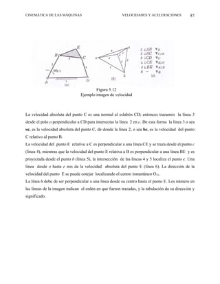 CINEMÁTICA DE LAS MÁQUINAS                              VELOCIDADES Y ACELERACIONES             87




                                        Figura 5.12
                                Ejemplo imagen de velocidad



La velocidad absoluta del punto C es una normal al eslabón CD; entonces trazamos la línea 3
desde el polo o perpendicular a CD para intersectar la línea 2 en c. De esta forma la línea 3 o sea
oc, es la velocidad absoluta del punto C, de donde la línea 2, o sea bc, es la velocidad del punto
C relativo al punto B.
La velocidad del punto E relativo a C es perpendicular a una línea CE y se traza desde el punto c
(línea 4), mientras que la velocidad del punto E relativa a B es perpendicular a una línea BE y es
proyectada desde el punto b (línea 5), la intersección de las líneas 4 y 5 localiza el punto e. Una
línea desde o hasta e nos da la velocidad absoluta del punto E (línea 6). La dirección de la
velocidad del punto E se puede cotejar localizando el centro instantáneo O31.
La línea 6 debe de ser perpendicular a una línea desde su centro hasta el punto E. Los número en
las líneas de la imagen indican el orden en que fueron trazadas, y la tabulación da su dirección y
significado.
 
