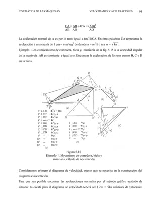 CINEMÁTICA DE LAS MÁQUINAS                            VELOCIDADES Y ACELERACIONES            91



                                    CA = AB o CA = (AB)2
                                    AB AO           AO

La aceleración normal de A es por lo tanto igual a (m2/k)CA. En otras palabras CA representa la
aceleración a una escala de 1 cm = n m/seg2 de donde n = m2/k o sea m = √ kn .
Ejemplo 1. en el mecanismo de corredera, biela y manivela de la fig. 5.15 a la velocidad angular
de la manivela AB es constante e igual a ω. Encontrar la aceleración de los tres puntos B, C y D
en la biela.




                                   Figura 5.15
                     Ejemplo 1. Mecanismo de corredera, biela y
                         manivela, cálculo de aceleración


Consideramos primero el diagrama de velocidad, puesto que se necesita en la construcción del
diagrama e aceleración.
Para que sea posible encontrar las aceleraciones normales por el método gráfico acabado de
esbozar, la escala para el diagrama de velocidad deberá ser 1 cm = √kn unidades de velocidad.
 