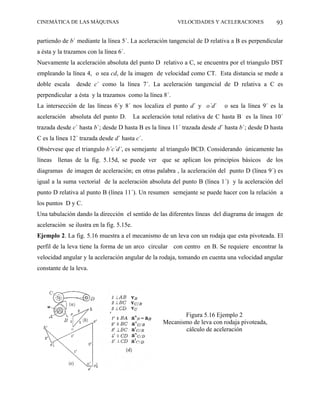 CINEMÁTICA DE LAS MÁQUINAS                                  VELOCIDADES Y ACELERACIONES           93

partiendo de b´ mediante la línea 5´. La aceleración tangencial de D relativa a B es perpendicular
a ésta y la trazamos con la línea 6´.
Nuevamente la aceleración absoluta del punto D relativo a C, se encuentra por el triangulo DST
empleando la línea 4, o sea cd, de la imagen de velocidad como CT. Esta distancia se mede a
doble escala    desde c´ como la línea 7´. La aceleración tangencial de D relativa a C es
perpendicular a ésta y la trazamos como la línea 8´.
La intersección de las líneas 6´y 8´ nos localiza el punto d´ y o´d´          o sea la línea 9´ es la
aceleración absoluta del punto D.          La aceleración total relativa de C hasta B es la línea 10´
trazada desde c´ hasta b´; desde D hasta B es la línea 11´ trazada desde d´ hasta b´; desde D hasta
C es la línea 12´ trazada desde d´ hasta c´.
Obsérvese que el triangulo b´c´d´, es semejante al triangulo BCD. Considerando únicamente las
líneas llenas de la fig. 5.15d, se puede ver que se aplican los principios básicos de los
diagramas de imagen de aceleración; en otras palabra , la aceleración del punto D (línea 9´) es
igual a la suma vectorial de la aceleración absoluta del punto B (línea 1´) y la aceleración del
punto D relativa al punto B (línea 11´). Un resumen semejante se puede hacer con la relación a
los puntos D y C.
Una tabulación dando la dirección el sentido de las diferentes líneas del diagrama de imagen de
aceleración se ilustra en la fig. 5.15e.
Ejemplo 2. La fig. 5.16 muestra a el mecanismo de un leva con un rodaja que esta pivoteada. El
perfil de la leva tiene la forma de un arco circular con centro en B. Se requiere encontrar la
velocidad angular y la aceleración angular de la rodaja, tomando en cuenta una velocidad angular
constante de la leva.




                                                             Figura 5.16 Ejemplo 2
                                                      Mecanismo de leva con rodaja pivoteada,
                                                             cálculo de aceleración
 