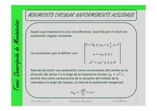 Tema: Descripción de Movimientos   MOVIMIENTO CIRCULAR UNIFORMEMENTE ACELERADO

                                    Aquel cuya trayectoria es una circunferencia, recorrida por el móvil con
                                    aceleración angular constante.

                                                                                     =     ±   . ± . α.

                                    Las ecuaciones que lo definen son:                     =   ± .

                                                                                           =   ± 2. .

                                   Además de existir una aceleración como consecuencia del cambio en la
                                   dirección del vector v a lo largo de la trayectoria circular,  =    . ,
                                   existirá otra como consecuencia de la variación del módulo de la
                                   velocidad a lo largo del tiempo; se trata de la aceleración tangencial:

                                                                            ∆   v
                                                                       =	           = α.
                                                                            ∆

                                    Eric Calvo Lorente          Descripción Movimientos              2º Bachillerato   12
 