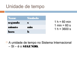Unidade de tempo
Nome Símbolo
segundo s
minuto min
hora h
1 h = 60 min
1 min = 60 s
1 h = 3600 s
 A unidade de tempo no Sistema Internacional
– SI – é o SEGUNDO.
 