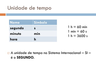 Unidade de tempo
Nome Símbolo
segundo s
minuto min
hora h
1 h = 60 min
1 min = 60 s
1 h = 3600 s
 A unidade de tempo no Sistema Internacional – SI –
é o SEGUNDO.
 