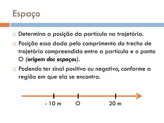 Espaço
 Determina a posição da partícula na trajetória.
 Posição essa dada pelo comprimento do trecho de
trajetória compreendido entre a partícula e o ponto
O (origem dos espaços).
 Podendo ter sinal positivo ou negativo, conforme a
região em que ela se encontra.
- 10 m O 20 m
 