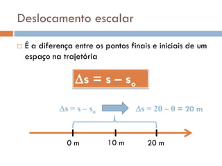 Deslocamento escalar
 É a diferença entre os pontos finais e iniciais de um
espaço na trajetória
s = s – so
0 m 10 m 20 m
s = s – so s = 20 – 0 = 20 m
 