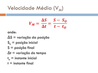 Velocidade Média (VM)
onde:
ΔS = variação da posição
So = posição inicial
S = posição final
Δt = variação do tempo
to = instante inicial
t = instante final
 
