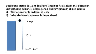 Desde una azotea de 15 m de altura lanzamos hacia abajo una piedra con
una velocidad de 8 m/s. Despreciando el rozamiento con el aire, calcula:
a) Tiempo que tarda en llegar al suelo.
b) Velocidad en el momento de llegar al suelo.
15 m
8 m/s
v = ? t = ?
 