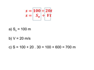 a) So = 100 m

b) V = 20 m/s

c) S = 100 + 20 . 30 = 100 + 600 = 700 m
 