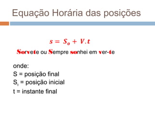 Equação Horária das posições



 Sorvete ou Sempre sonhei em ver-te

onde:
S = posição final
So = posição inicial
t = instante final
 