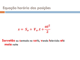 Equação horária das posições
Sorvetão ou sentado no sofá, vendo televisão até
meia noite
 