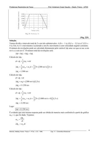 Problemas Resolvidos de Física                         Prof. Anderson Coser Gaudio – Depto. Física – UFES




                                                                                               (Pág. 225)
Solução.
Vamos dividir o intervalo total de 5 s em três subintervalos: A (0 s – 1 s), B (1 s – 3,5 s) e C (3,5 s –
5 s). Em A e C o movimento é acelerado e em B o movimento é com velocidade angular constante.
O número de revoluções pode ser calculado diretamente pela variável Δφ, uma vez que se use ω em
rev/s e α em rev/s2. O número total de revoluções será:
        Δφ = Δφ A + ΔφB + ΔφC
Cálculo de ΔφA:
                     1
        φ = φ0 + (ω0 + ω )t
                     2
               1                 1
        Δφ A =   (ω A0 + ω A )t = ⎡0 + ( 300 rev/s ) ⎤ (1 s )
               2                 2⎣                  ⎦
        Δφ A = 1.500 rev
Cálculo de ΔφB:  B




       φ = φ0 + ωt
        ΔφB = ωBt = ( 300 rev/s ) (2,5s)
        ΔφB = 11.250 rev
Cálculo de ΔφC:
                     1
        φ = φ0 + (ω0 + ω )t
                     2
              1                1
        ΔφC =   (ωC 0 + ωC )t = ⎡ 0 + ( 3.000 rev/s + 0 ) ⎤ (1,5 s )
              2                2⎣                         ⎦
        ΔφC = 2.250 rev
Logo:
        Δφ = 11.250 rev
É evidente que esta mesma resposta pode ser obtida de maneira mais confortável a partir do gráfico
ω(t) × t, que foi dado. Vejamos:
                   dφ
          ω( t ) = ( t )
                    dt
          dφ( t ) = ω( t ) dt


________________________________________________________________________________________________________    4
                                       a
Resnick, Halliday, Krane - Física 1 - 4 Ed. - LTC - 1996. Cap. 11 – Cinemática Rotacional
 