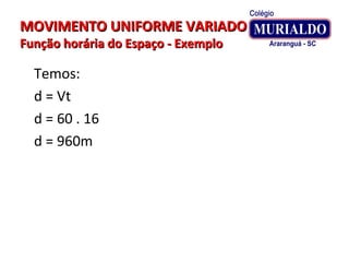 MOVIMENTO UNIFORME VARIADOMOVIMENTO UNIFORME VARIADO
Função horária do Espaço - ExemploFunção horária do Espaço - Exemplo
Temos:
d = Vt
d = 60 . 16
d = 960m
 