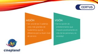 MISIÓN
• Ser una de las 3 cadenas
cines más grandes de
Sudamérica que se
diferencia por su buen nivel
de servicio
VISIÓN
• Ser la opción de
entretenimiento que
impacte positivamente en
vida de las personas y la
sociedad
 