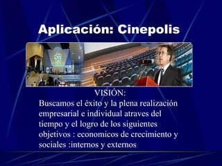 Aplicación: Cinepolis  VISIÓN: Buscamos el éxito y la plena realización empresarial e individual atraves del tiempo y el logro de los siguientes objetivos : economicos de crecimiento y sociales :internos y externos   