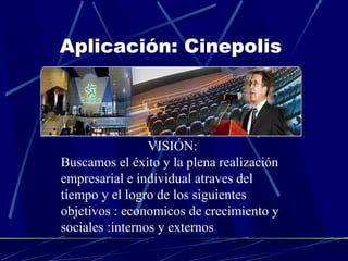 Aplicación: Cinepolis
VISIÓN:
Buscamos el éxito y la plena realización
empresarial e individual atraves del
tiempo y el logro de los siguientes
objetivos : economicos de crecimiento y
sociales :internos y externos
 