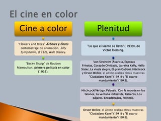 Cine a color                                      Plenitud
“Flowers and trees” Árboles y flores
                                           "Lo que el viento se llevó" ( 1939), de
  cortometraje de animación, Silly
                                                      Victor Fleming.
  Symphonie, (1932), Walt Disney.


                                                 Von Stroheim (Avaricia, Esposas
    “Becky Sharp” de Rouben
                                       Frívolas, Corazón Olvidado, La reina Kelly, Hello
Mamoulian, primera película en color
                                       Sister, La viuda alegre, El gran Gabbo). Hitchcock
              (1935).                  y Orson Welles; el último realiza obras maestras
                                              "Ciudadano Kane" (1941) y "El cuarto
                                                     mandamiento" (1942).


                                       Hitchcock(Vértigo, Psicosis, Con la muerte en los
                                         talones, La ventana indiscreta, Rebecca, Los
                                               pájaros, Encadenados, Frenesí).



                                        Orson Welles; el último realiza obras maestras
                                            "Ciudadano Kane" (1941) y "El cuarto
                                                   mandamiento" (1942).
 