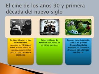 Crisis de ideas en el cine      Series históricas de    Géneros como la comedia
    norteamericano:          televisión son objeto de      clásica, los grandes
aparecen los héroes del        versiones para cine.        dramas, los dibujos
cómic aprovechando los                                   animados, el fantastic o
 nuevos procedimientos                                  el western han retornado
para la crear de efectos                                       con fuerza.
        especiales.
 