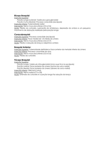 Bíceps Braquial:
Inserção Superior:
Porção Longa (Lateral): Tubérculo supra-glenoidal
Porção Curta (Medial): Processo coracóide (escápula)
Inserção Inferior: Tuberosidade radial
Inervação: Nervo musculocutâneo (C5 e C6)
Ação: Flexão do cotovelo, supinação do antebraço, depressão do ombro e um pequeno
movimento de abdução realizada pela porção longa
Coracobraquial:
Inserção Superior: Processo coracóide (escápula)
Inserção Inferior: Face medial de 1/3 médio do úmero
Inervação: Nervo musculocutâneo (C6 e C7)
Ação: Flexão e adução do braço e deprime o ombro
Braquial Anterior:
Inserção Superior: Tuberosidade deltóidea e face anterior da metade inferior do úmero
Inserção Inferior: Processo coronóide da ulna
Inervação: Nervo musculocutâneo (C5 e C6)
Ação: Flexão do cotovelo
Tríceps Braquial:
Inserção Superior:
Porção Longa: Tubérculo infra-glenoidal (único que fica na escápula)
Porção Lateral: Face posterior do úmero (acima do sulco radial)
Porção Medial: Face posterior do úmero (abaixo do sulco radial)
Inserção Inferior: Olécrano (ulna)
Inervação: Nervo radial (C7 e C8)
Ação: Extensão do cotovelo e a porção longa faz adução do braço
 