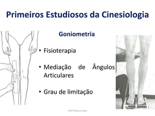 Primeiros Estudiosos da Cinesiologia
Goniometria
• Fisioterapia
• Mediação de Ângulos
Articulares
• Grau de limitação
Profº Marcos Silva
 