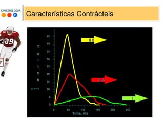 41
CINESIOLOGIACINESIOLOGIA
Características Contrácteis
00
55
1010
1515
2020
2525
3030
3535
4040
4545
00 5050 100100 150150 200200 250250
Time, msTime, ms
TT
ww
ii
tt
cc
hh
grams
 