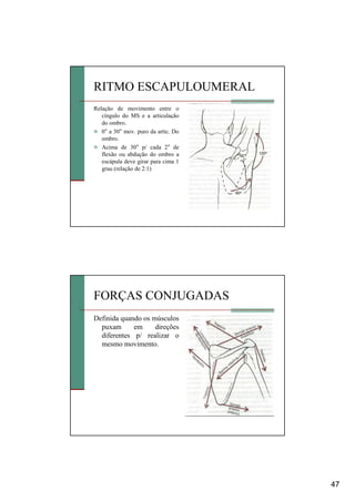 47
RITMO ESCAPULOUMERAL
Relação de movimento entre o
cíngulo do MS e a articulação
do ombro.
0° a 30° mov. puro da artic. Do
ombro.
Acima de 30° p/ cada 2° de
flexão ou abdução do ombro a
escápula deve girar para cima 1
grau (relação de 2:1)
FORÇAS CONJUGADAS
Definida quando os músculos
puxam em direções
diferentes p/ realizar o
mesmo movimento.
 
