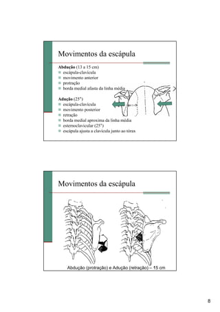 8
Movimentos da escápula
Abdução (13 a 15 cm)
escápula-clavícula
movimento anterior
protração
borda medial afasta da linha média
Adução (25°)
escápula-clavícula
movimento posterior
retração
borda medial aproxima da linha média
esternoclavicular (25°)
escápula ajusta a clavícula junto ao tórax
Movimentos da escápula
Abdução (protração) e Adução (retração) – 15 cm
 