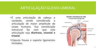 ARTICULAÇÃO GLENO-UMERAL
É uma articulação de cabeça e
cavidade, sendo considerada a
articulação de maior amplitude do
corpo humano. Sua constituição
estrutural faz com que esta
articulação seja diartrose, sinovial e
triaxial.
Cápsula frouxa e suporte ligamentos
limitados.
 